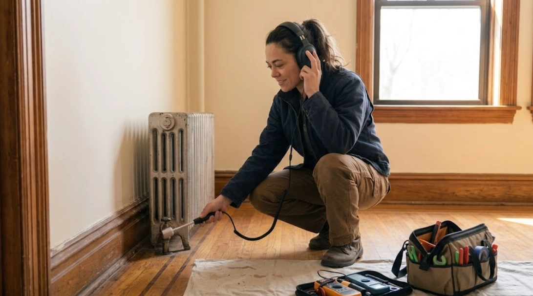 Technician using acoustic listening equipment for non-invasive hidden water leak detection along baseboards.